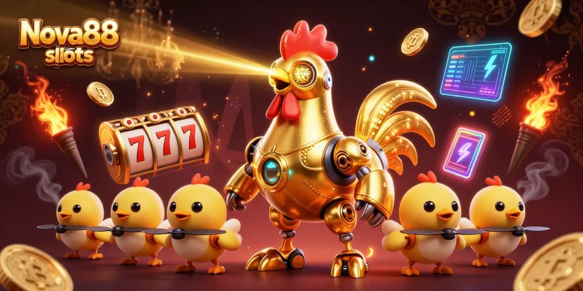 Experience Nova88 slots with a vibrant 3D casino scene showcasing golden rooster robots and slot elements.