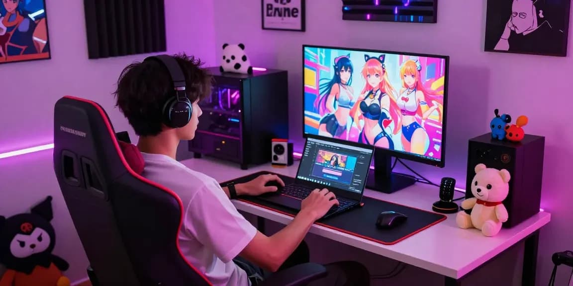 Engaging gamer enjoying android hentai game in a cozy setup
