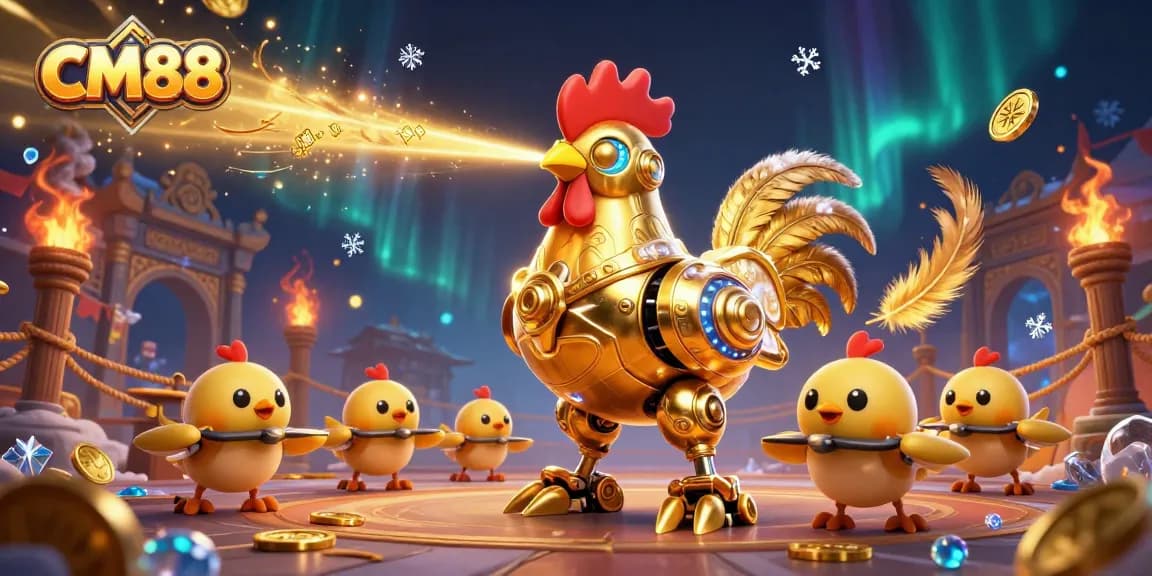 Engage in thrilling slots and games at CM88 with a dynamic scene of action-packed casino elements.