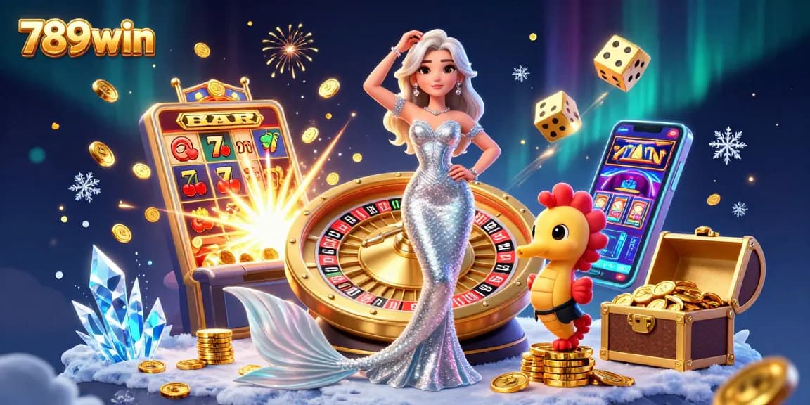 Win big with 789win at a vibrant casino scene featuring roulette, slots, and festive elements.