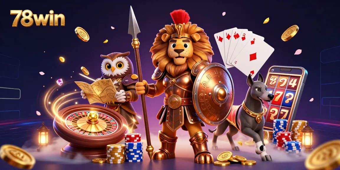 Experience thrilling gameplay at 78win with dynamic casino action, featuring a brave Spartan lion.