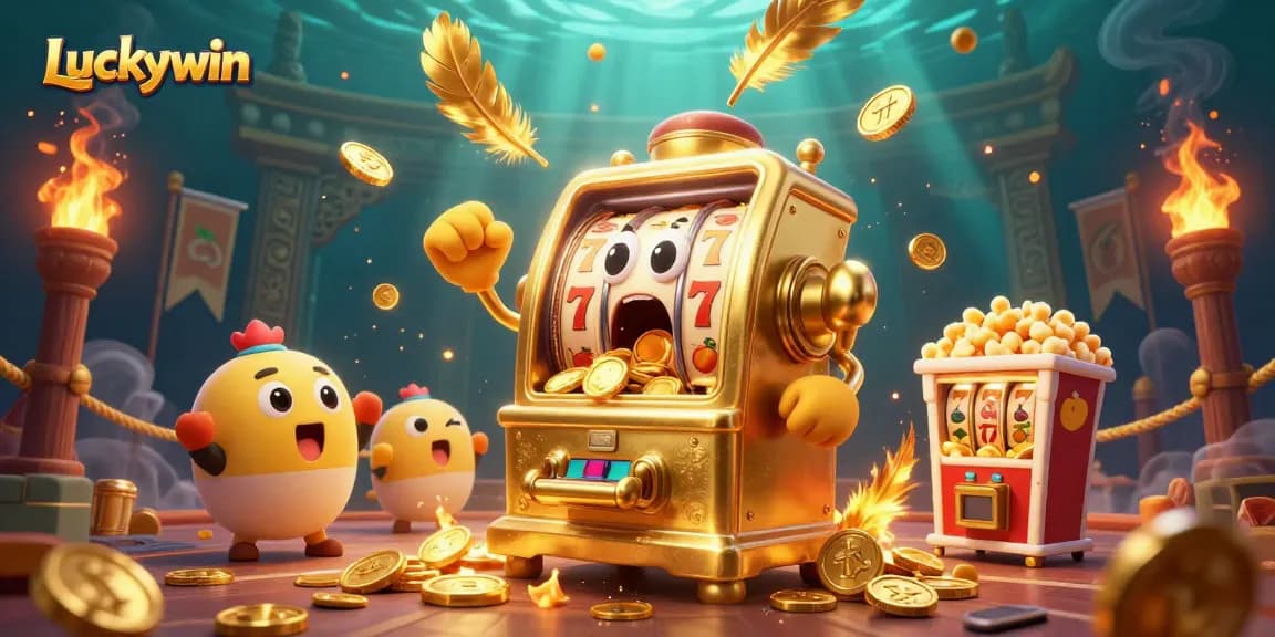 Experience the excitement of Luckywin with a golden slot machine winning its jackpot surrounded by cheering baby slots.