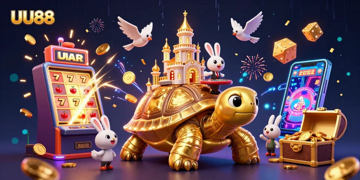 UU88 casino illustration featuring a golden tortoise and rabbit dealer amidst vibrant gaming elements.