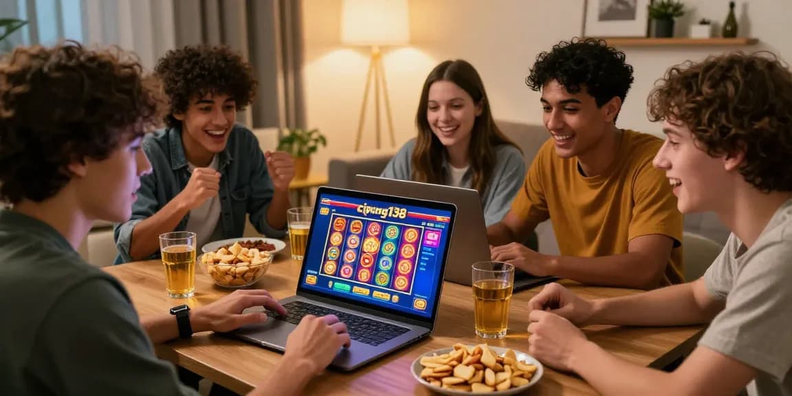 Menampilkan portal cipung138 dengan pemain slot bersemangat di ruang tamu modern.