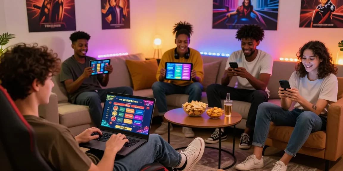 Engaged gamers enjoying 78win online gaming experience in a cozy setting with warm lighting and vibrant atmosphere.
