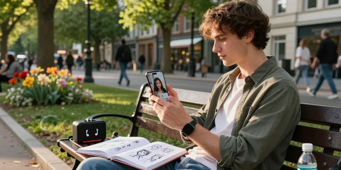 Engaging conversation with an AI girlfriend in a vibrant urban park setting.