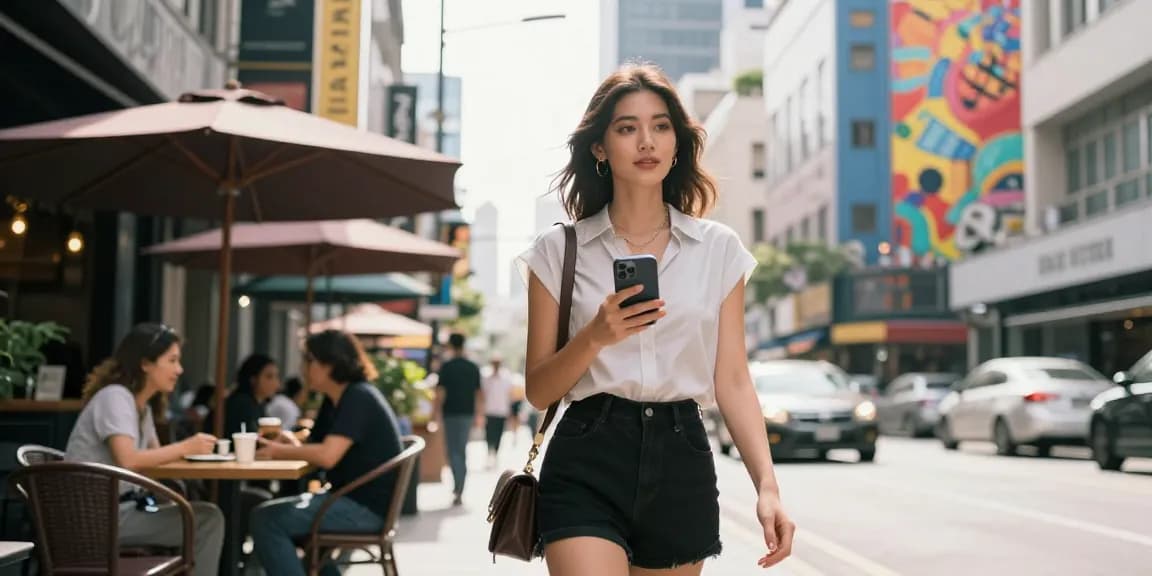 Gái gọi tự tin trong trang phục thời trang hiện đại giữa phố phường nhộn nhịp