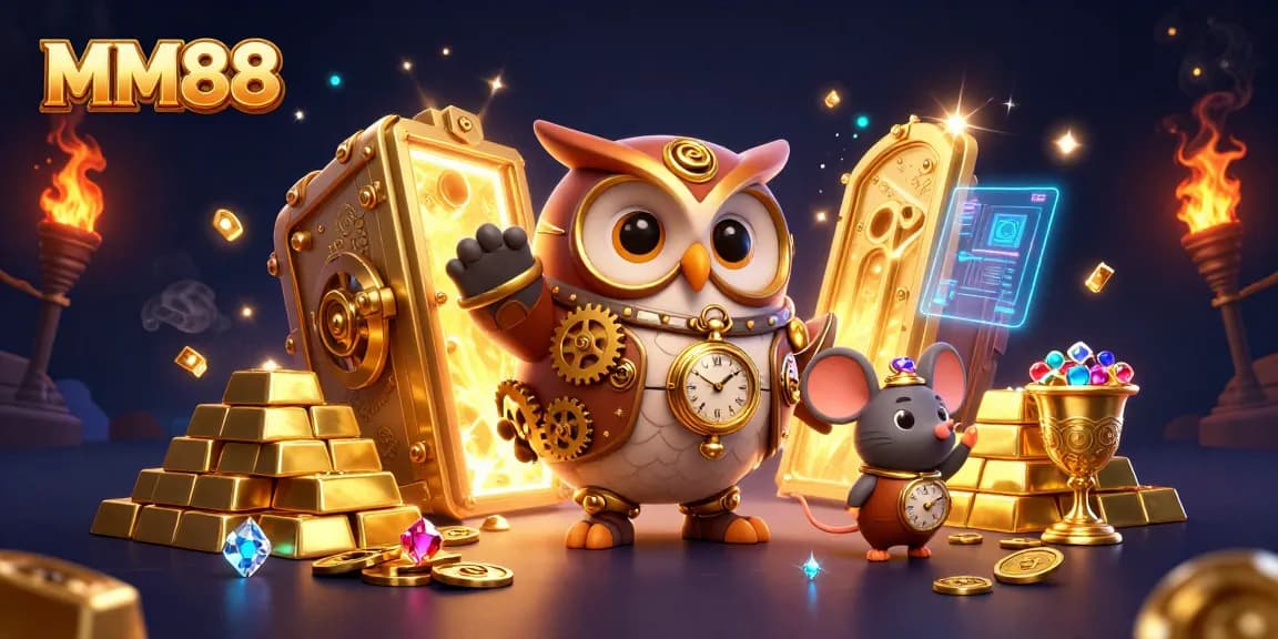 Players engage in MM88’s exciting casino adventure with steampunk characters amidst treasures and vibrant elements.