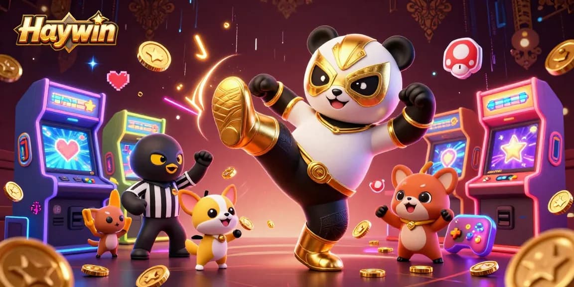 Experience excitement at Haywin with a vibrant scene featuring a panda wrestler kicking amidst captivating casino elements.