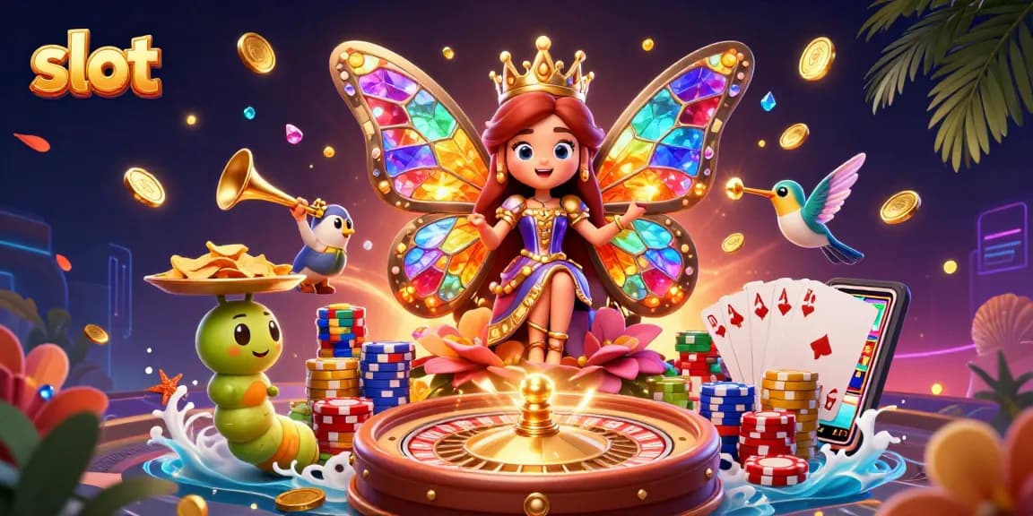 Putar slot dengan ratu kupu-kupu dan banyak koin emas dalam ilustrasi 3D yang megah.