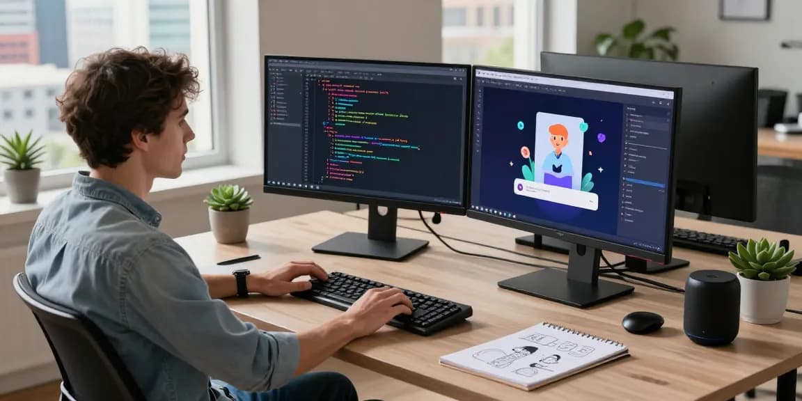 Engaging workspace for crushon ia AI character development showcasing code and designs in a tech-savvy environment.