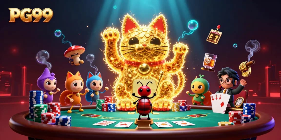 Players enjoy PG99 with vibrant casino elements and golden fireflies creating excitement.