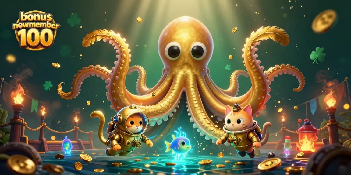 Experience the thrill of bonus new member 100 as a kraken rises alongside a diving cat in a vibrant underwater scene.