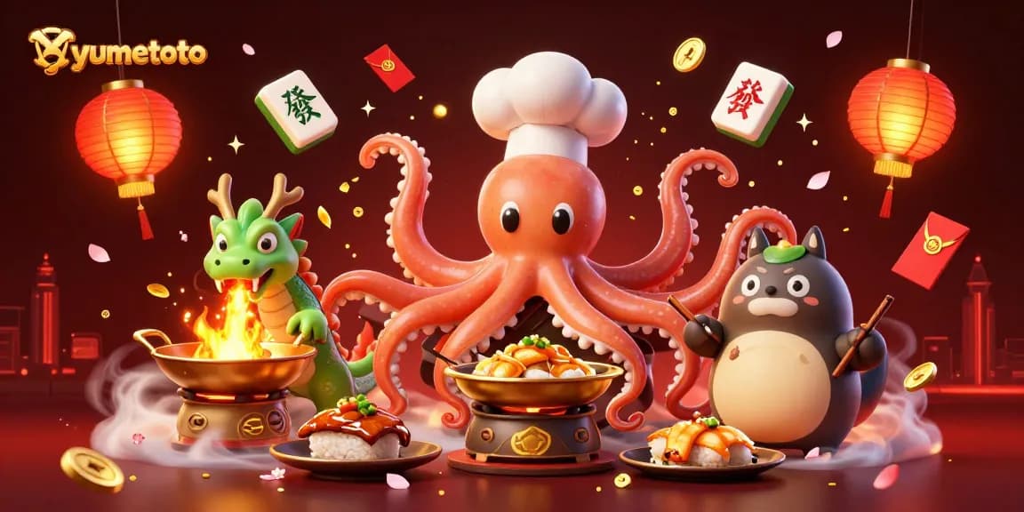 Engage in YUMETOTO with a vibrant 3D illustration of gamers enjoying thrilling culinary-themed casino fun.