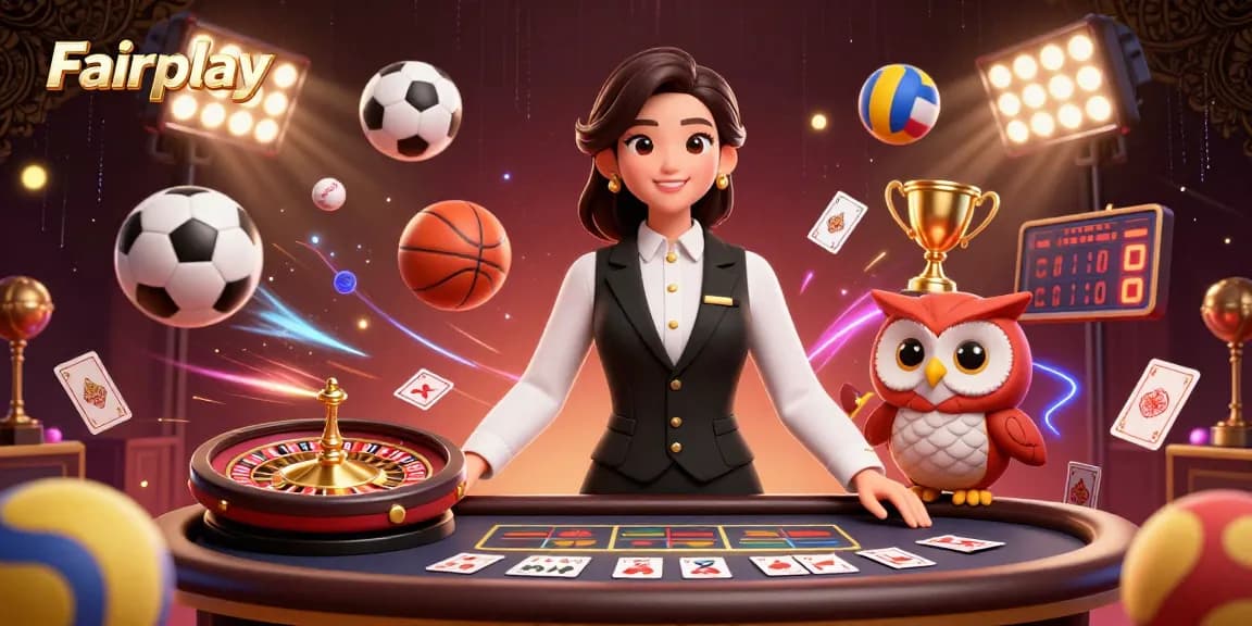 Play at Fairplay casino with a charming Asian dealer and an owl assistant at a baccarat table, surrounded by dynamic sports elements.
