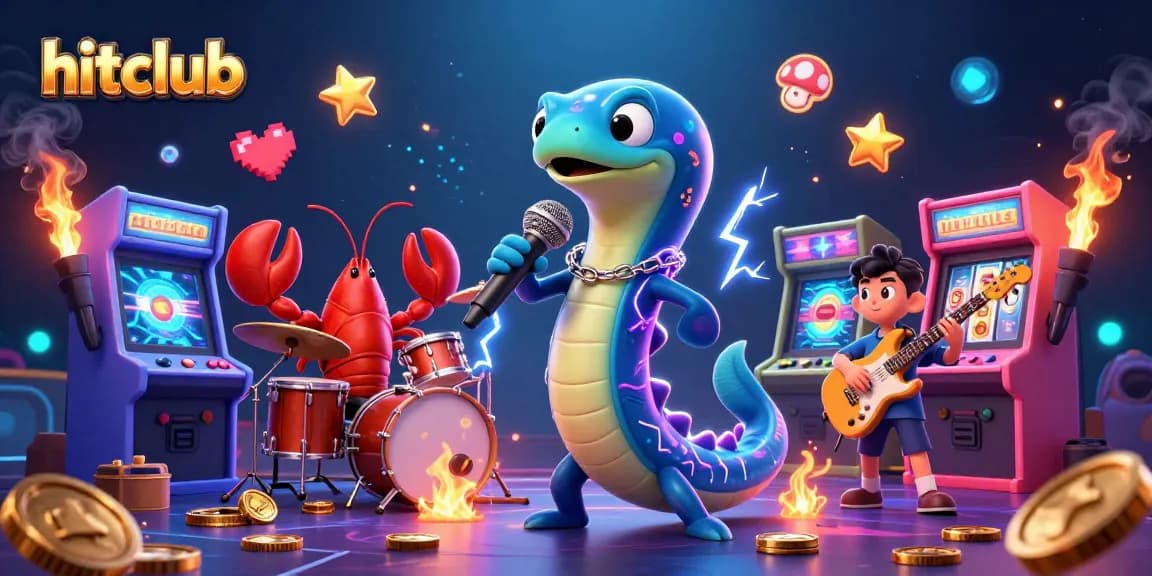 Hitclub engaging players with vibrant casino gameplay featuring electric eel DJ and lively band.