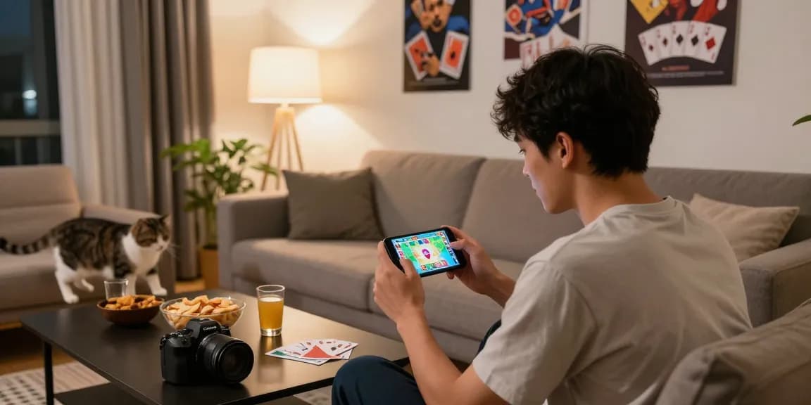 Start playing Card Rummy in a cozy living room with engaging graphics and snacks.