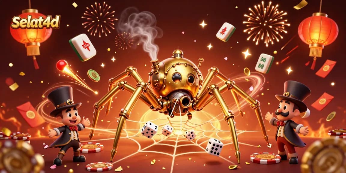 Engage with selat4d's thrilling gameplay featuring a golden spider web amidst vibrant casino elements.
