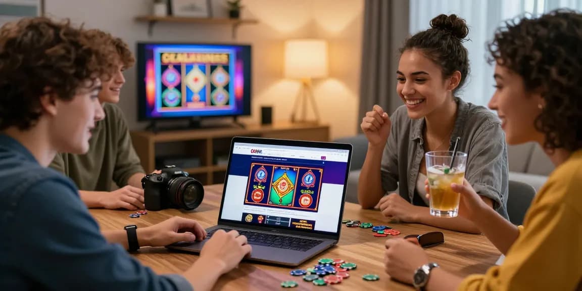 Engaged friends exploring new online casinos UK in a cozy living room, showcasing an exciting gaming atmosphere.