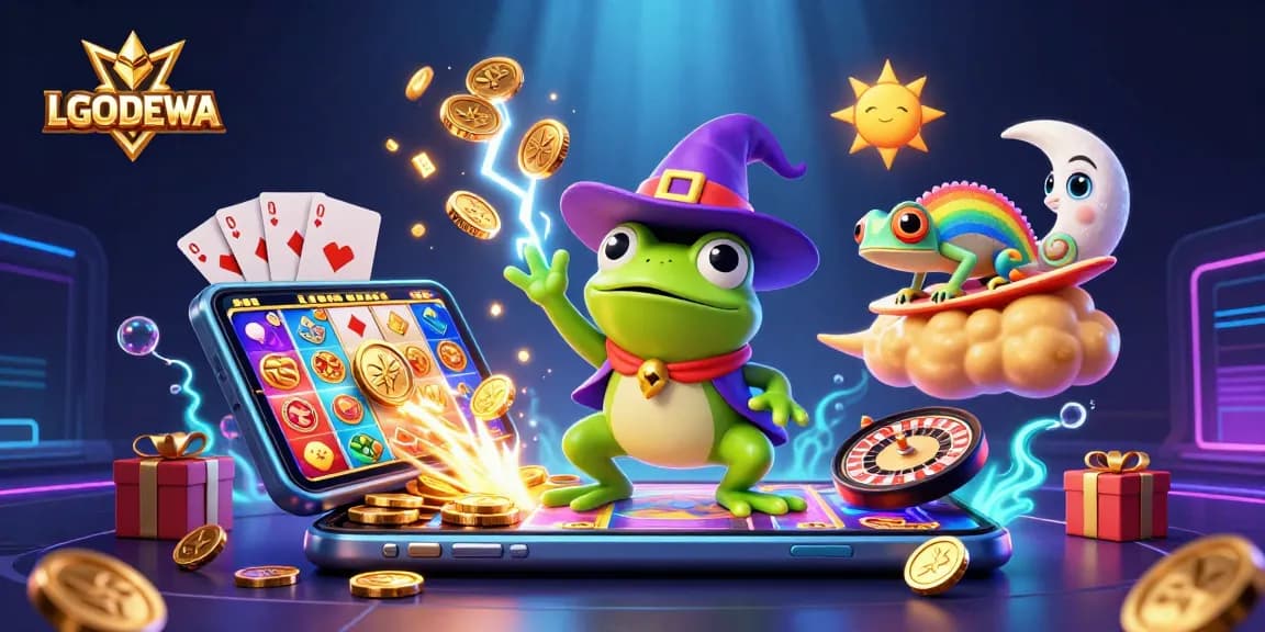 Experience LGODEWA's thrilling slot games amidst gold coins and colorful visuals.