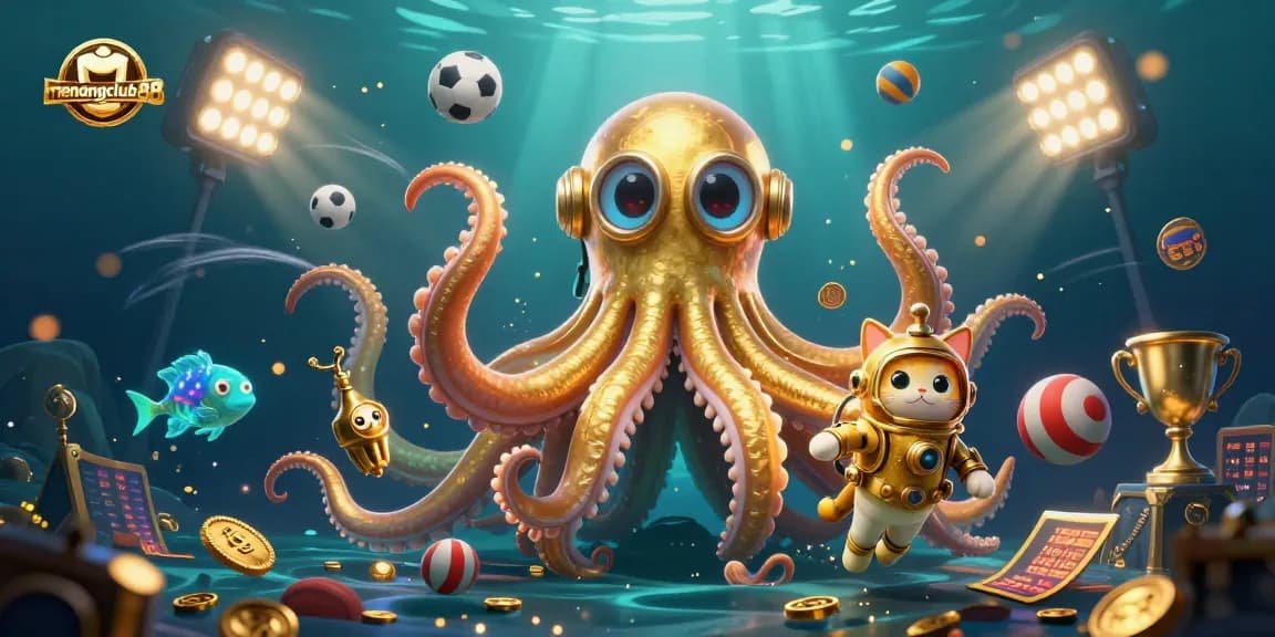 Experience exciting gameplay with menangclub88 through a dynamic underwater scene featuring surreal characters and sports betting elements.