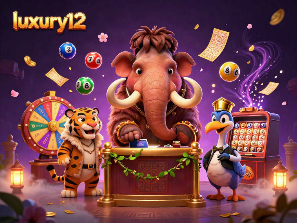 Menang dalam permainan lottery dengan luxury12, dodo yang mengawasi dan bouncer mammoth mengatur, suasana kasino hidup.