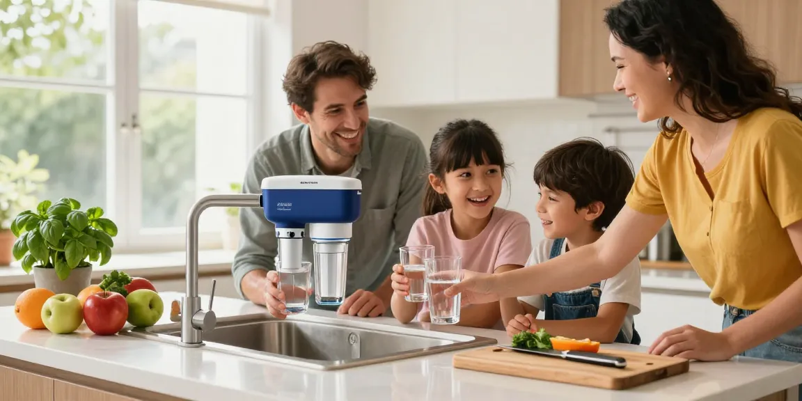 Family enjoying clean water with AQUA CREST Alkaline Faucet Water Filter in a bright kitchen.