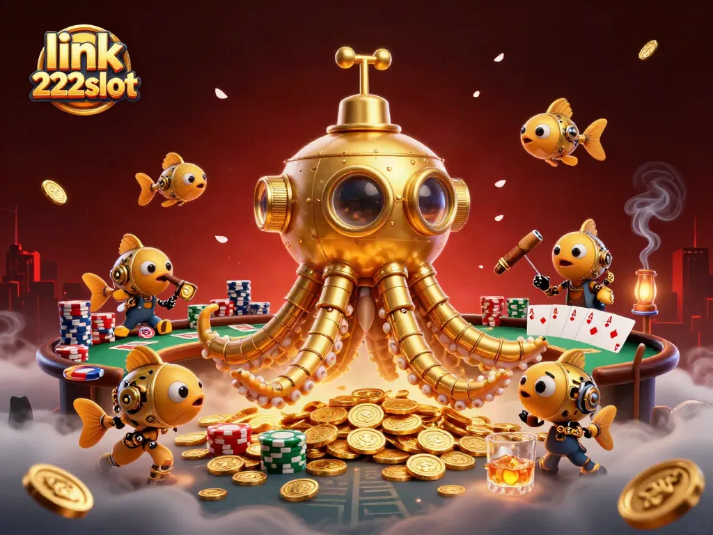 Mengakses link 222slot dengan kreasi kapal selam kraken emas bermeja poker dan chip berwarna-warni di tengah lautan koin.