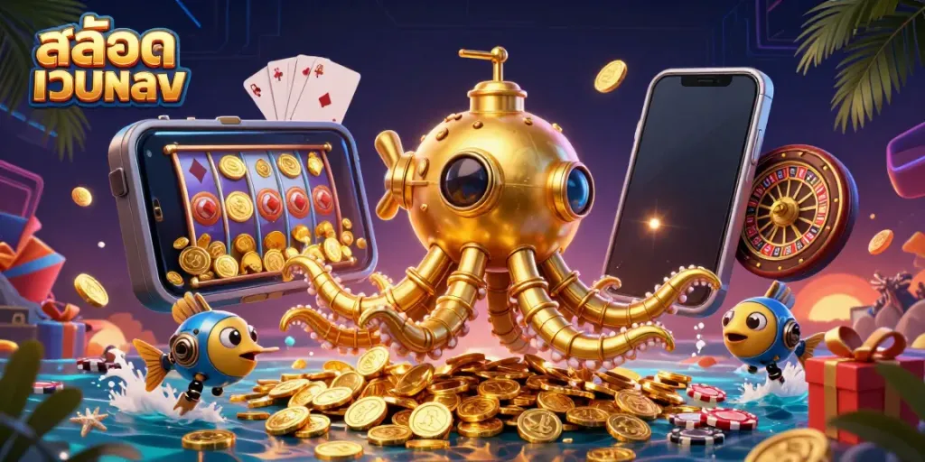 Engage with สล็อตเว็บตรง amidst a vibrant, golden sea of coins and dynamic slot game elements.