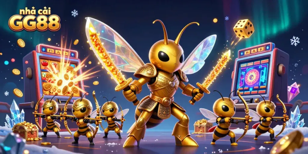 Experience the excitement of nhà cái GG88 with a vibrant scene of a golden hornet samurai amidst casino delights.