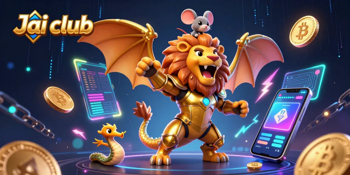 Engage in thrilling gaming at Jai club with dynamic scenes of crypto elements and vibrant visuals.