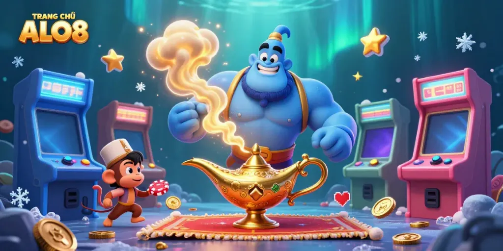 Engage with the magic of TRANG CHỦ ALO8, featuring a vibrant 3D genie scene filled with casino elements.