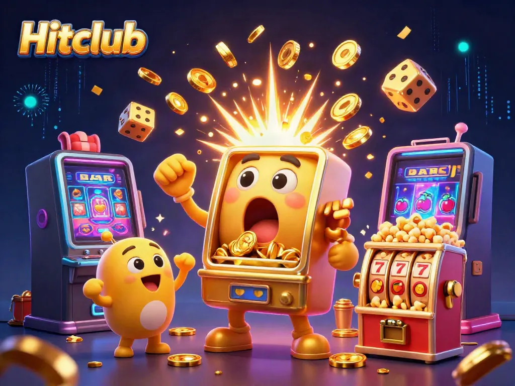 Hitclub's golden slot machine celebrates a jackpot, showering coins amidst vibrant casino elements.