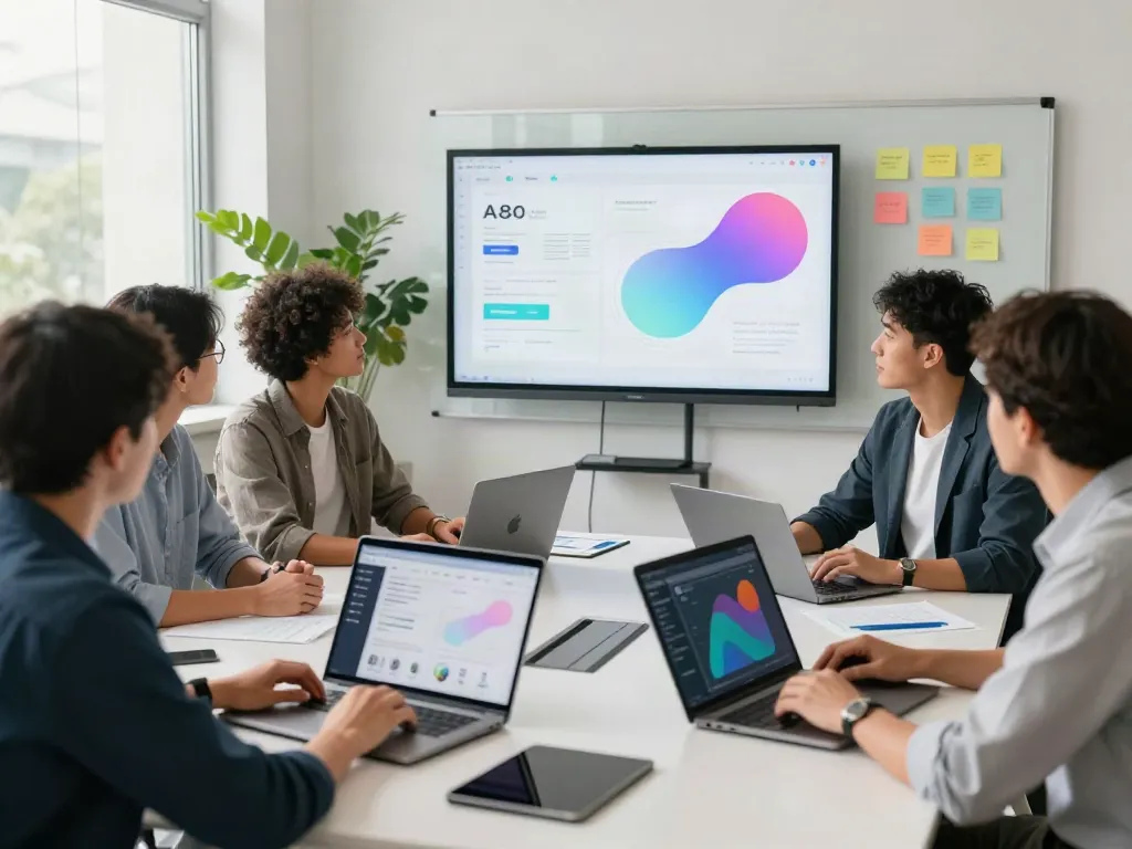 A diverse team collaborating in a technology workspace on the A80 information platform interface, showcasing innovation and teamwork.