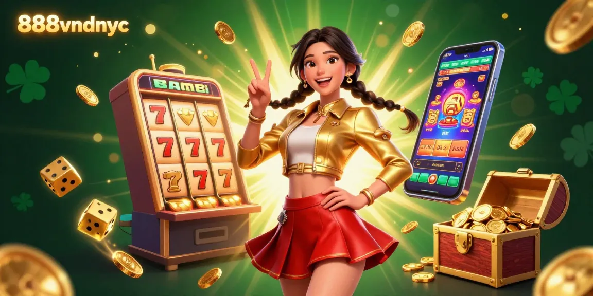 Experience thrilling games at 888vndnyc with a lively illustration of a joyful player and vibrant casino elements.