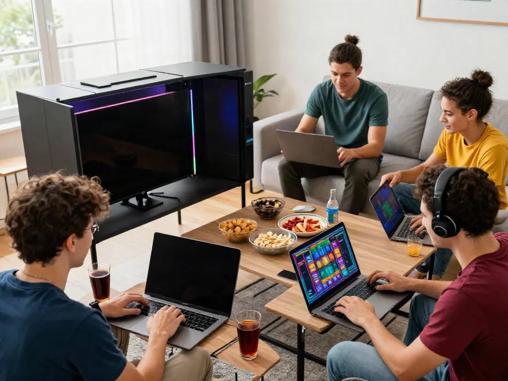 Thrilled gamers enjoying akunjp online slots in a lively living room.