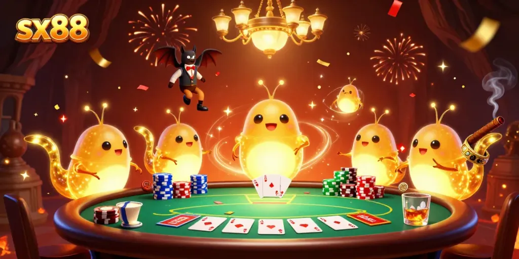 Experience the vibrant sx88 casino scene with glowworms lighting up an exciting poker game.