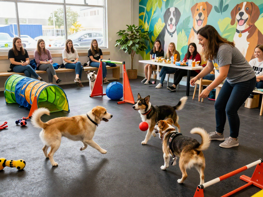 Dogs playing in a daycare setting with a trainer, showcasing slot 10k energy and fun.