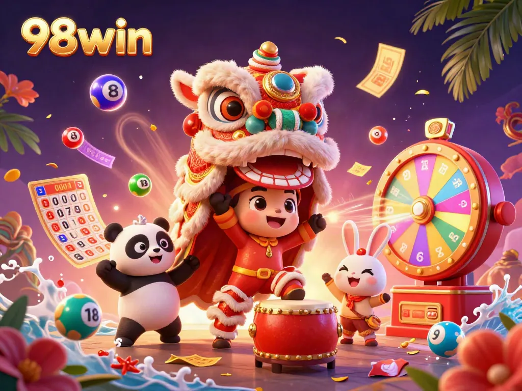 Experience the excitement of 98win with a vibrant casino-themed celebration illustration featuring a lion dance.
