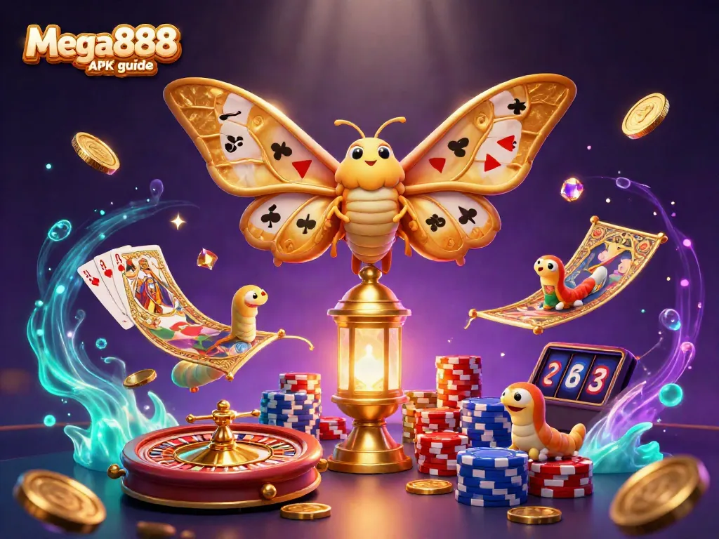 Engage with the Mega888 APK guide showcasing a vibrant casino scene with slot reels and golden elements.