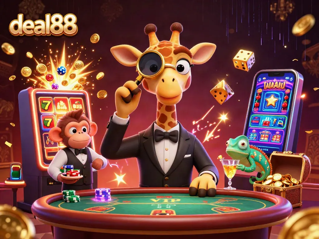 Win big with deal88 at a vibrant casino scene showcasing a high-roller giraffe, monkey valet, and chameleon bartender.