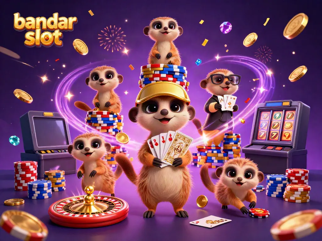 Meeerkats beroperasi di bandar slot dengan chip dan permainan yang penuh warna, menciptakan suasana ceria.