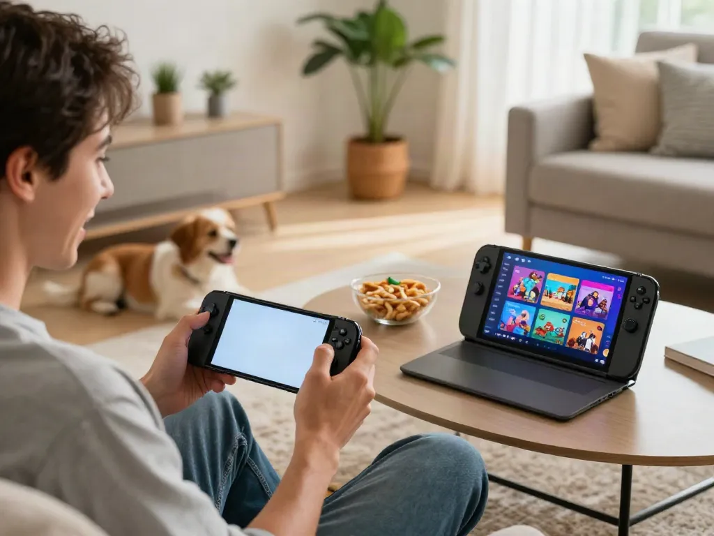 Engaged adult enjoying Yono Games on a smartphone in a cozy living room setting.