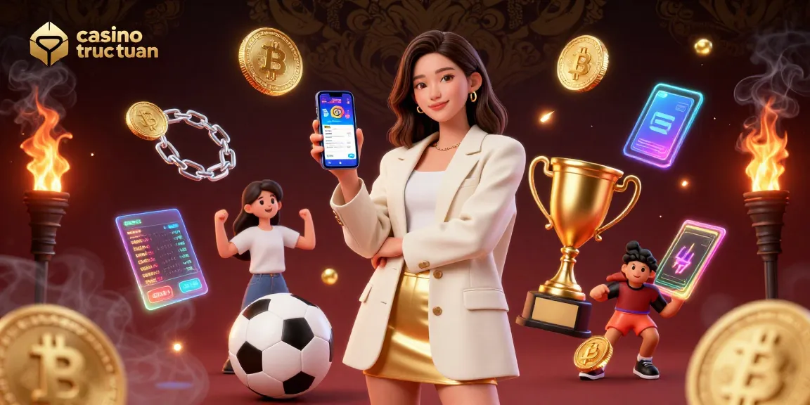 Experience casino truc tuyen with an Asian woman enjoying a sports betting app amidst glowing cryptocurrency elements.