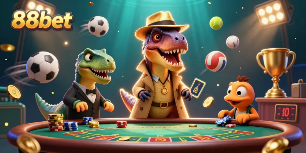 Experience thrilling moments at 88bet with exciting games, animated dinosaurs, and sports betting elements.