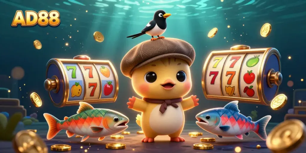 Spin the reels at AD88 with adorable characters and vibrant slot machine elements in a playful casino scene.