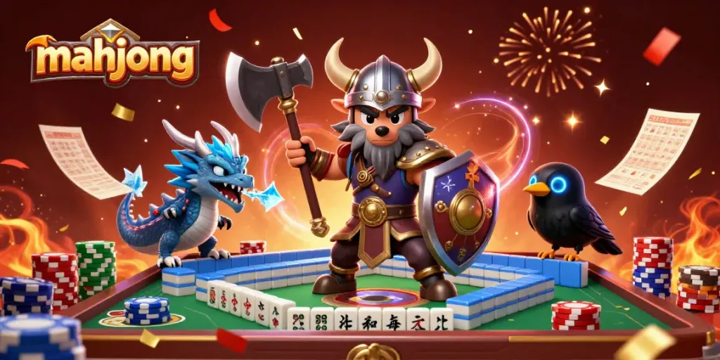 Mainkan mahjong dengan karakter kartun 3D yang menarik di meja, dikelilingi chip dan keceriaan.