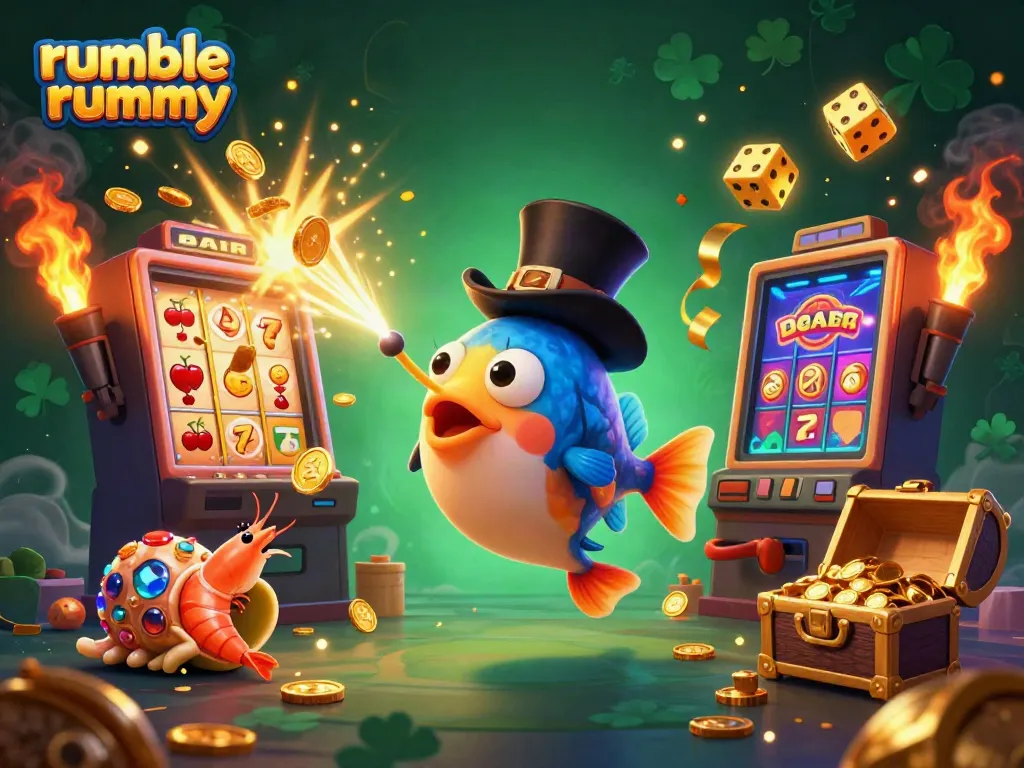 Engage with the exciting world of rumble rummy showcased through vibrant 3D cartoon characters and dynamic casino elements.