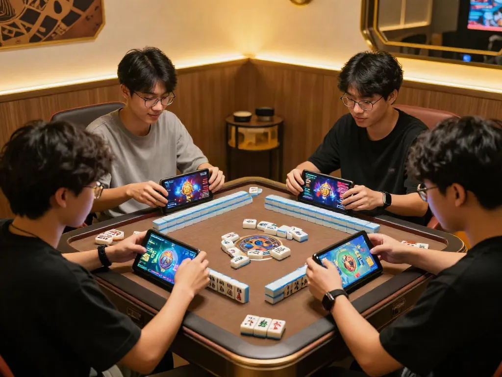 Penggemar mesinmpo bermain Mahjong Ways 2 dengan antusias di meja game modern.