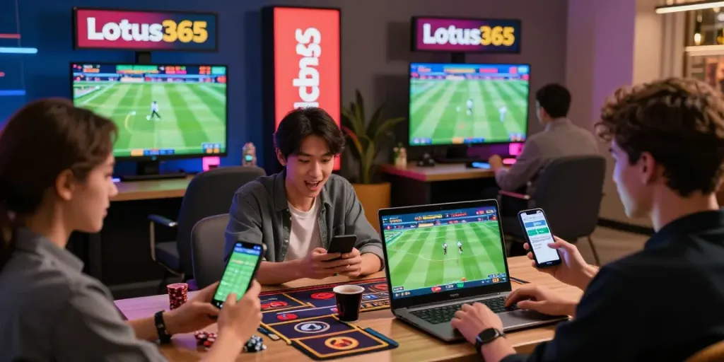 Lotus365 online betting experience with users engaging in cricket, football, and tennis bets.